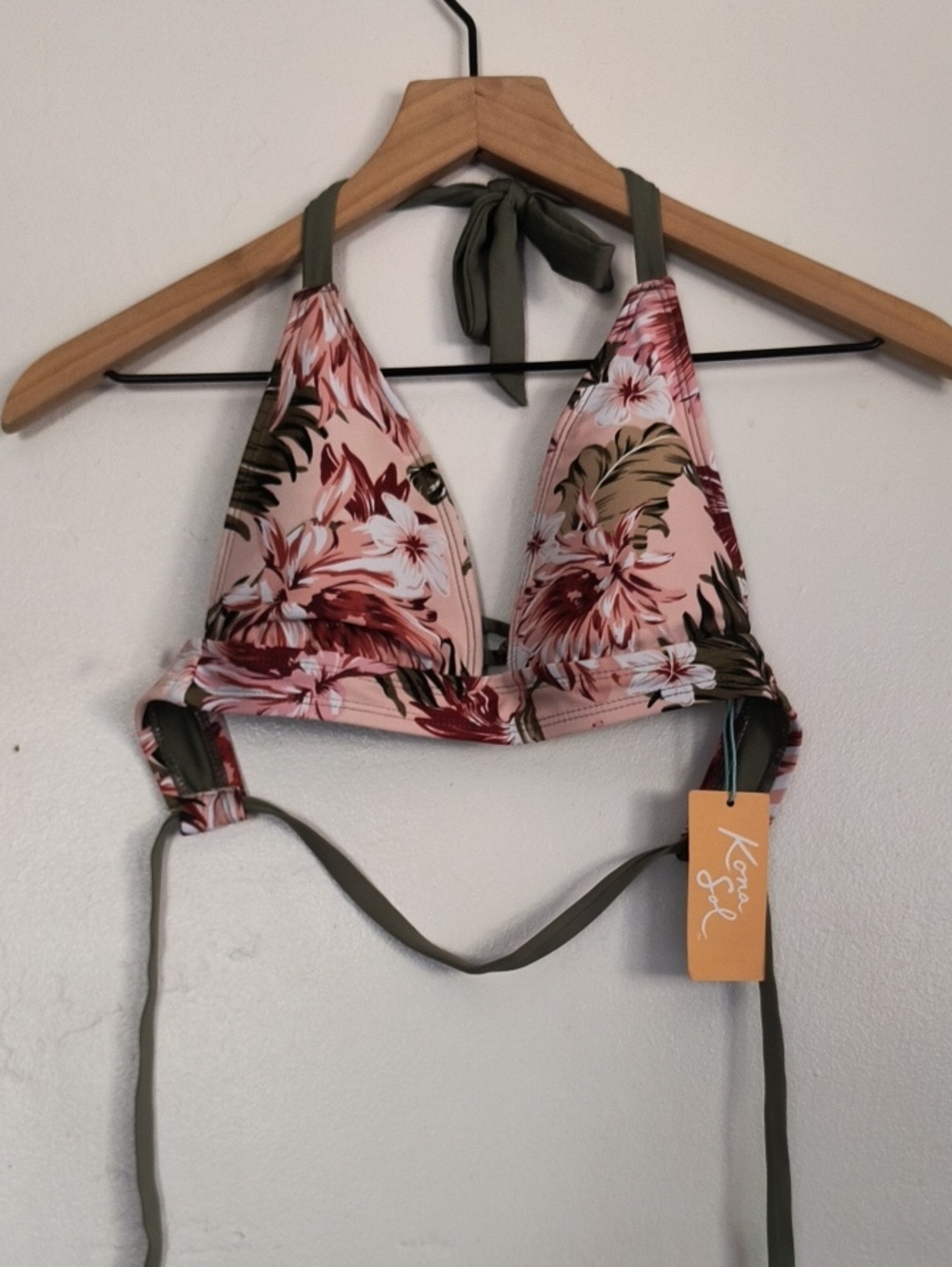 NWT Kona Sol Floral Triangle Bikini Top in Pink and Olive Sz Small Women